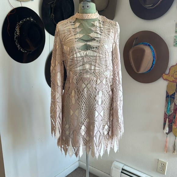 Free People Dresses & Skirts - Free People Deco Lace Mini Dress Ivory Combo Bell Sleeve Cut Out Retro Gatsby 4